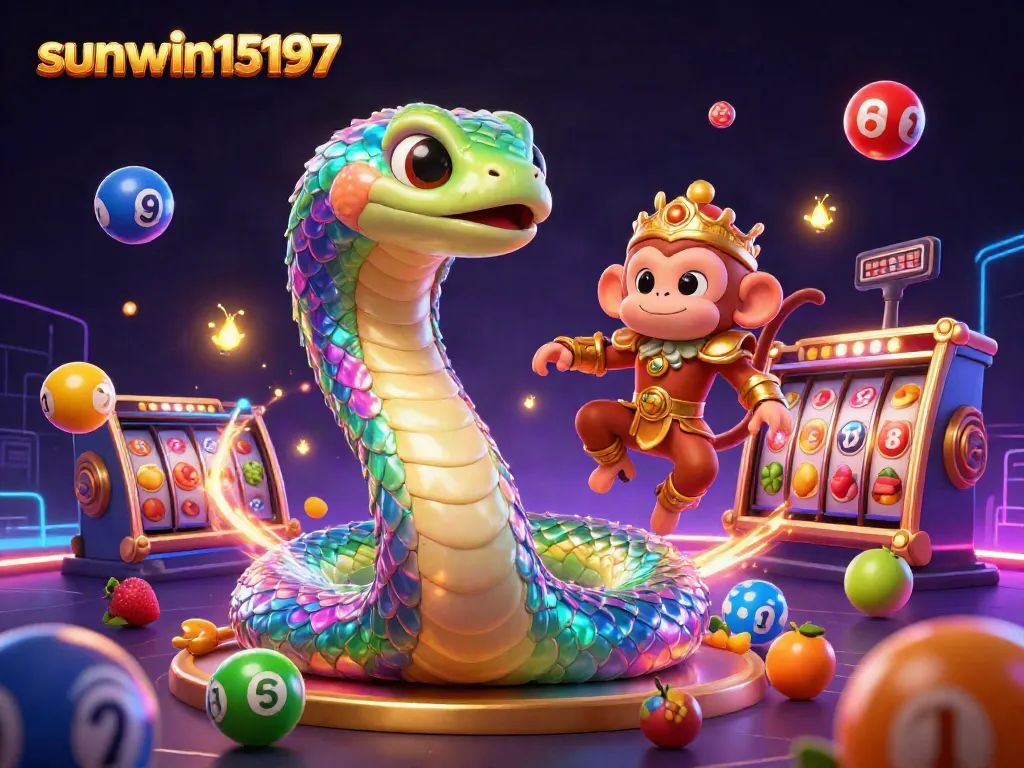 Experience the magic of sunwin15197 with a vibrant casino-themed illustration filled with colorful lottery elements.