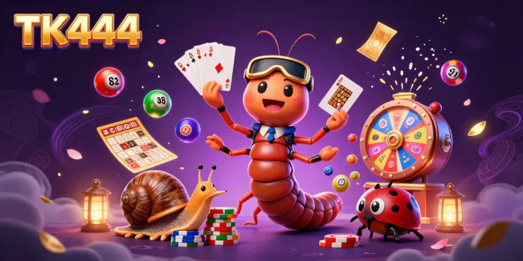 Join the thrilling action at TK444 casino as cartoon characters engage in vibrant gambling with lottery elements.