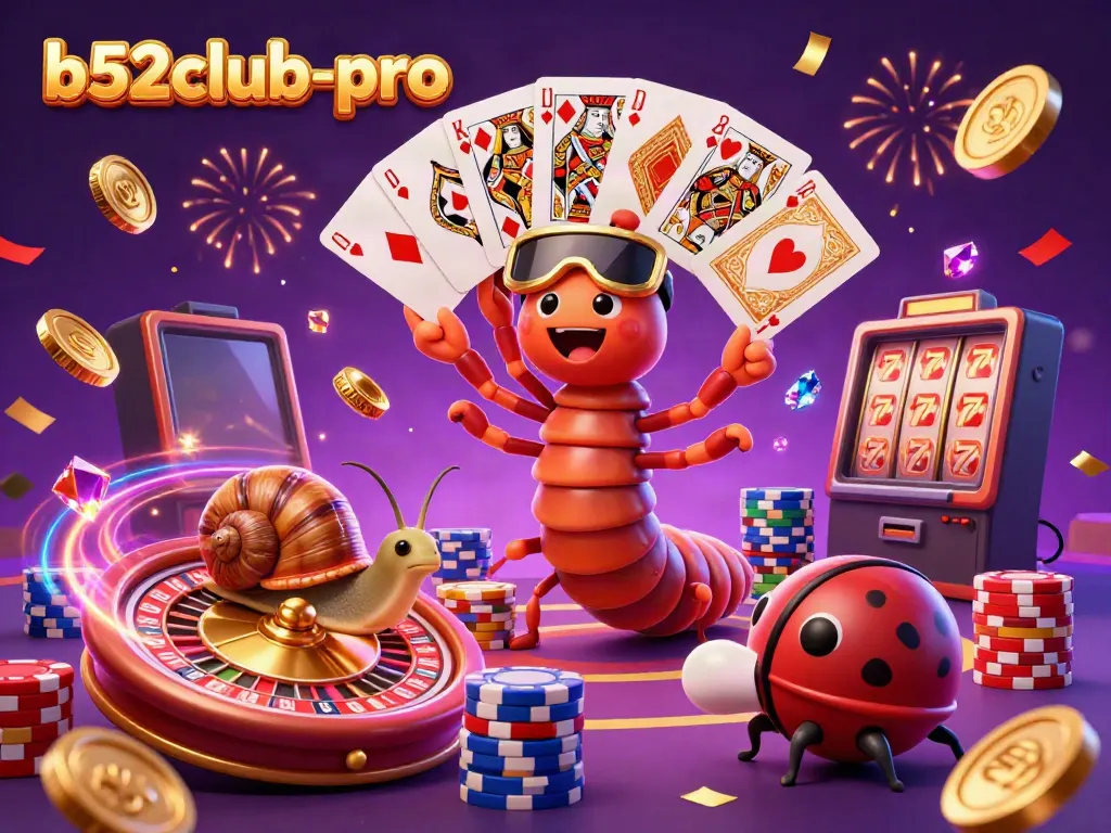 Engage in gaming excitement with b52club-pro featuring a lively 3D illustration of a dealer and high-rollers.