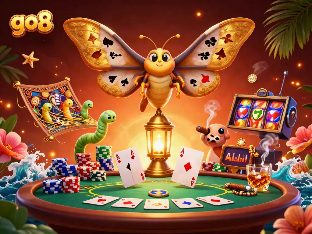 Engage in the thrilling casino world with go8, showcasing vibrant poker and slot elements in a dynamic scene.