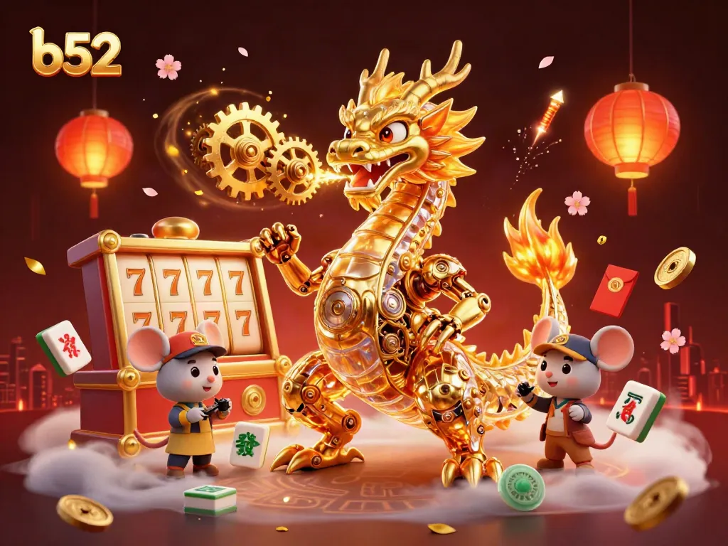 Engage with the thrilling world of b52 slots featuring a dynamic 3D golden dragon and vibrant casino elements.
