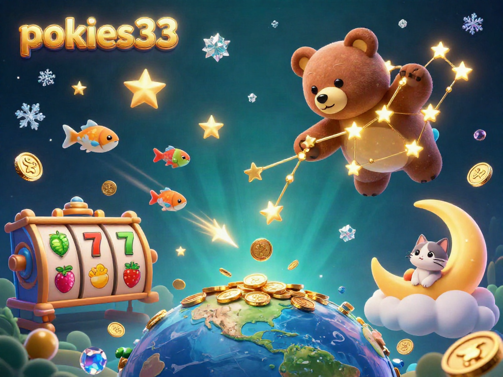 Engage with pokies33 in a vibrant 3D illustration of a constellation bear and mesmerizing casino elements.