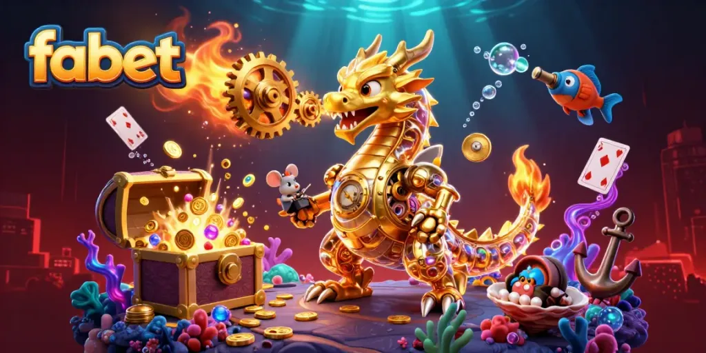 Engage in biomorphic action with fabet's golden dragon and engineer, showcasing captivating 3D casino adventure.