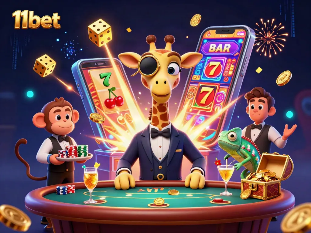 Capture the excitement of winning at 11bet with a vibrant, animated casino scene featuring playful characters.