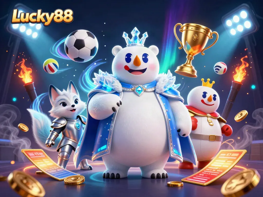 Experience the thrill of Lucky88 as polar bear and snow fox navigate dynamic sports elements in a vibrant casino scene.