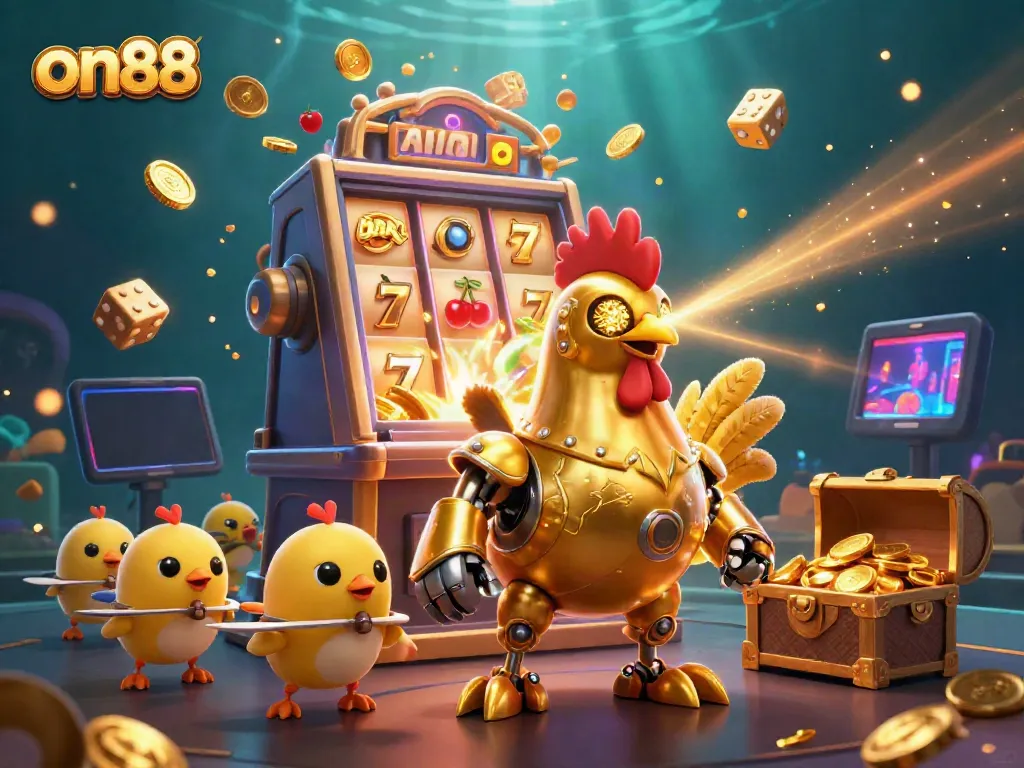 Experience excitement at on88 with a golden rooster robot, slot machine burst, and treasure chest overload.