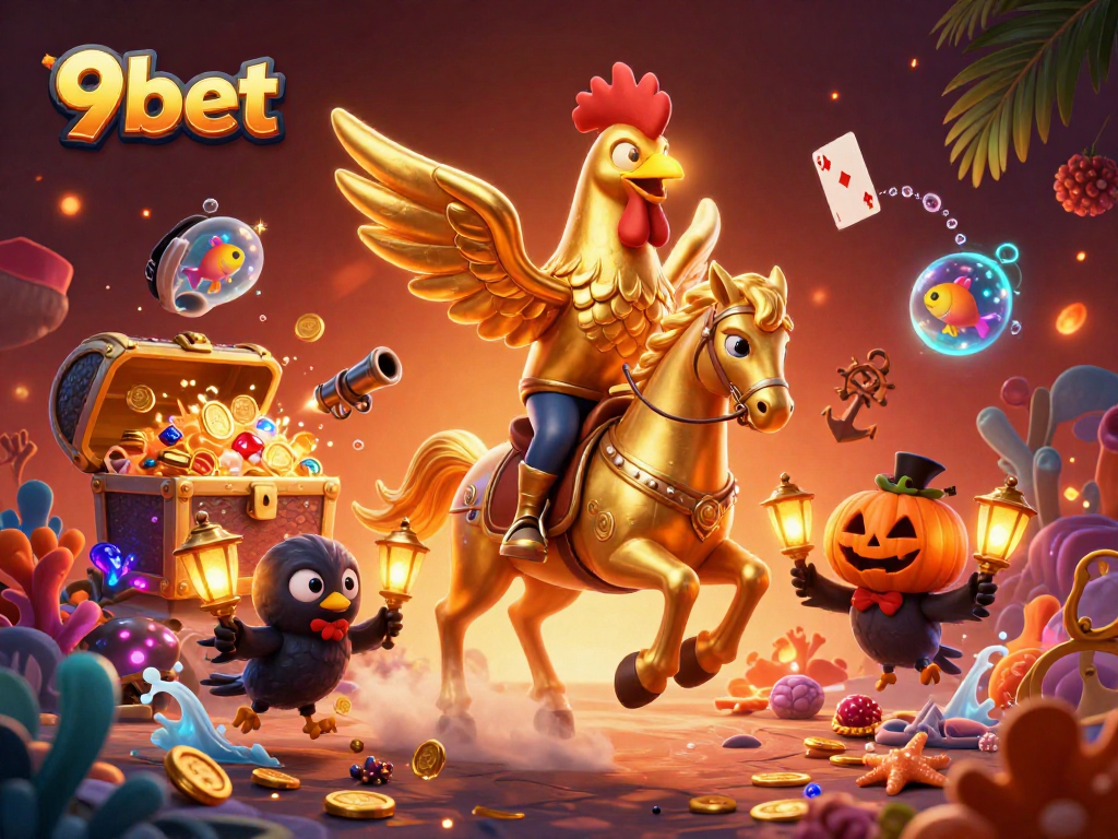 Experience thrilling casino adventures with the golden rooster 9bet in this vibrant 3D scene.