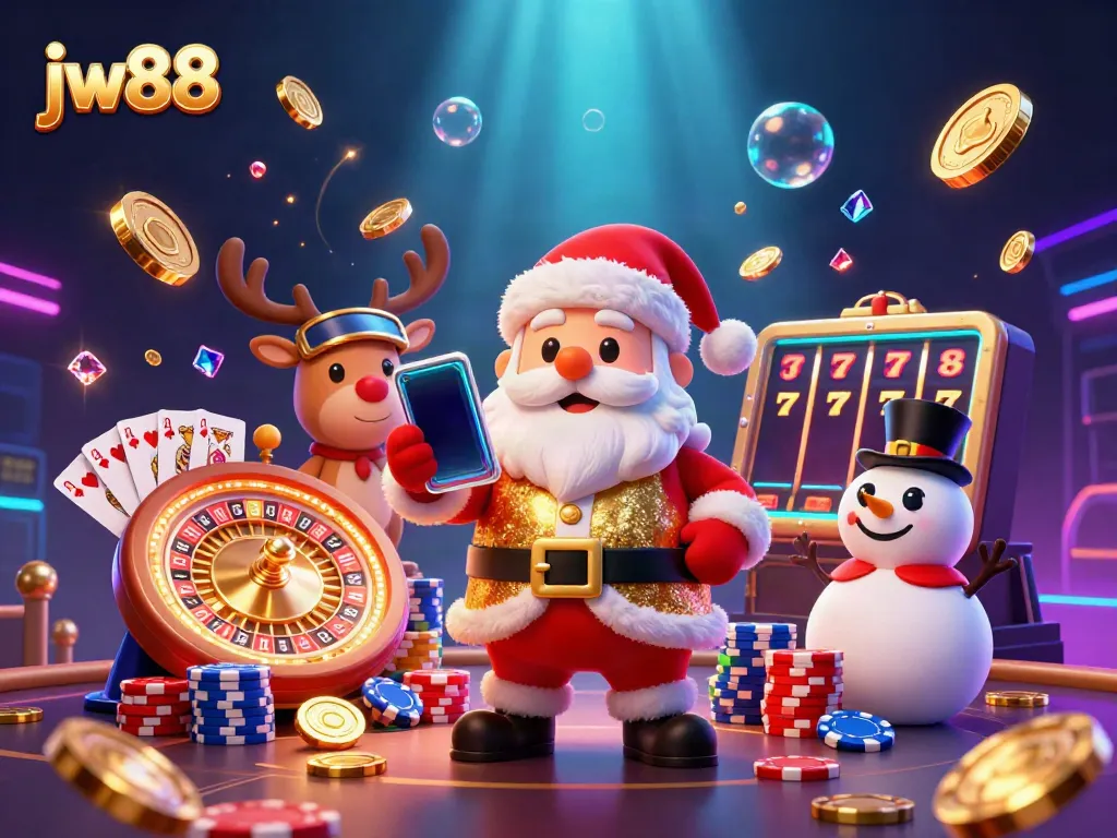 Experience the excitement of jw88 with Santa Claus and friends celebrating casino jackpots