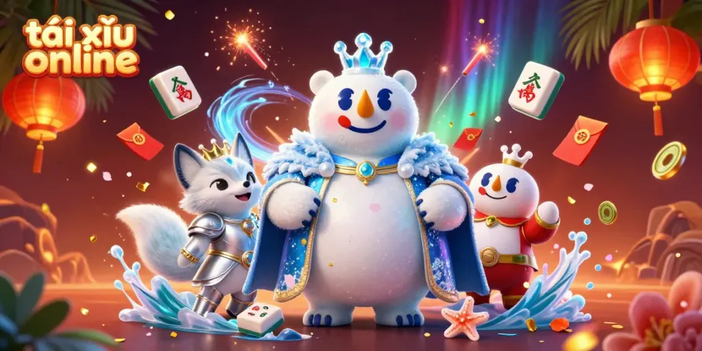 Experience the thrill of tài xỉu online with a vibrant illustration of a polar bear and snow fox surrounded by festive game elements.