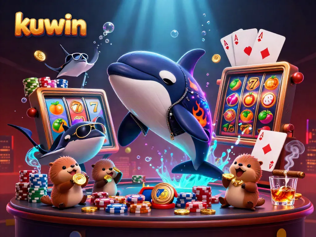Kuwin features a playful scene with an orca, stingray, and sea otters celebrating big wins with vibrant slot elements.
