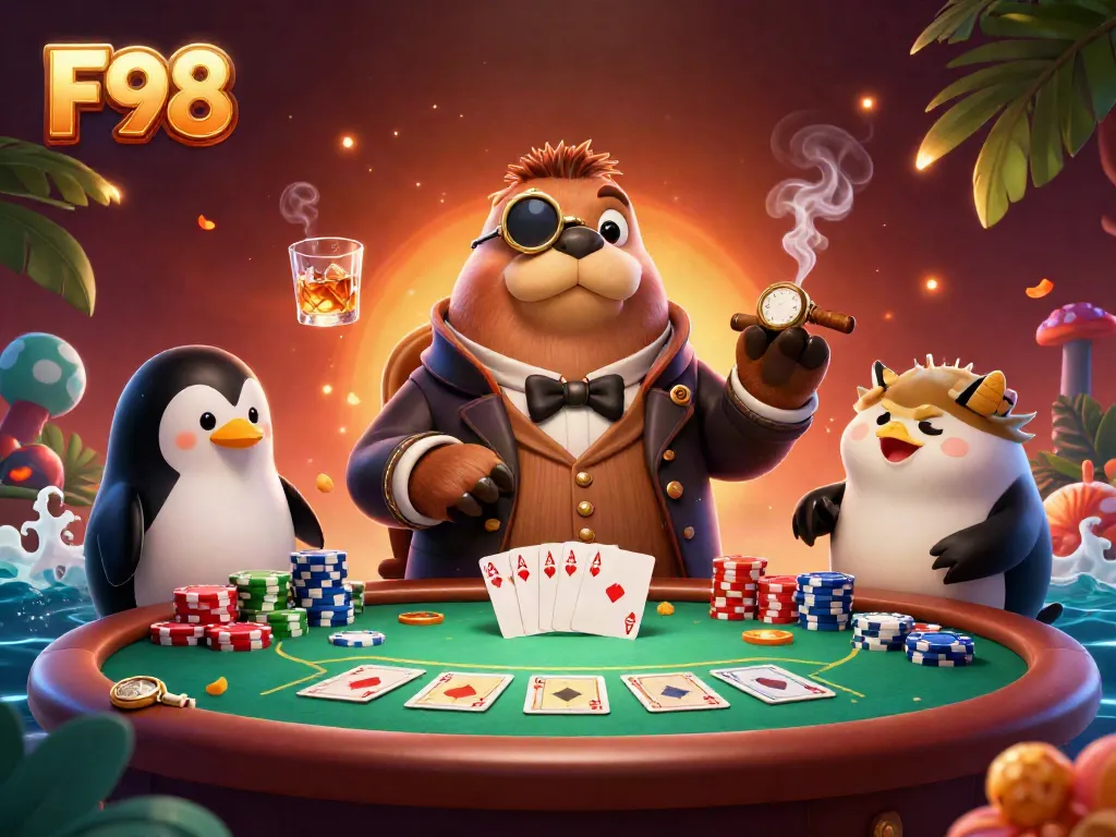 Experience thrilling F98 gameplay with a whimsical poker scene featuring a walrus, penguin dealer, and pufferfish.