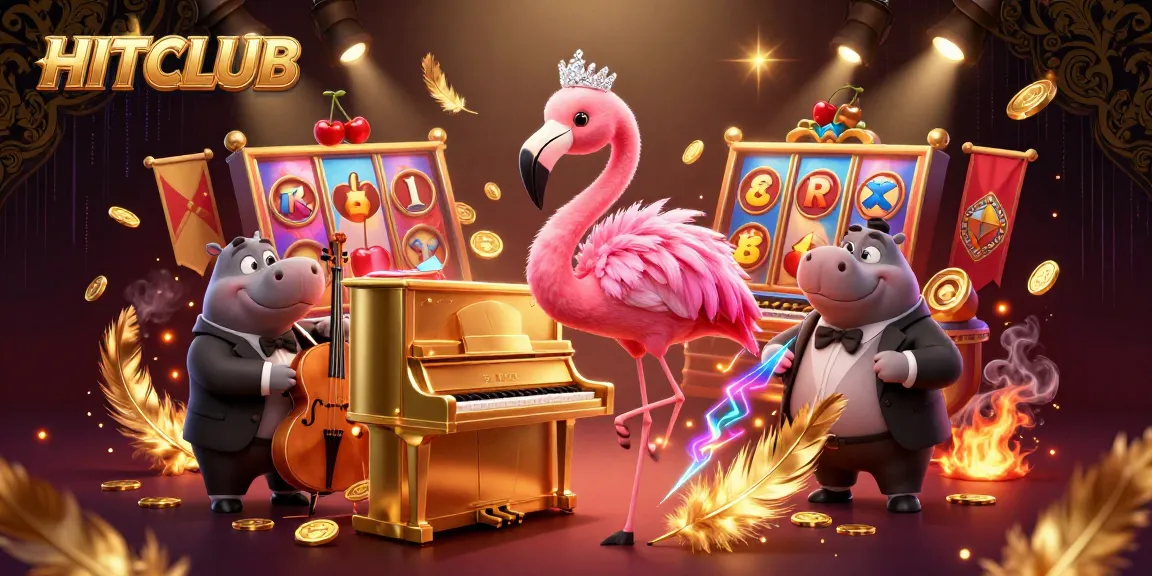 Engage in the HITCLUB slots experience with vibrant characters surrounded by shimmering coins.
