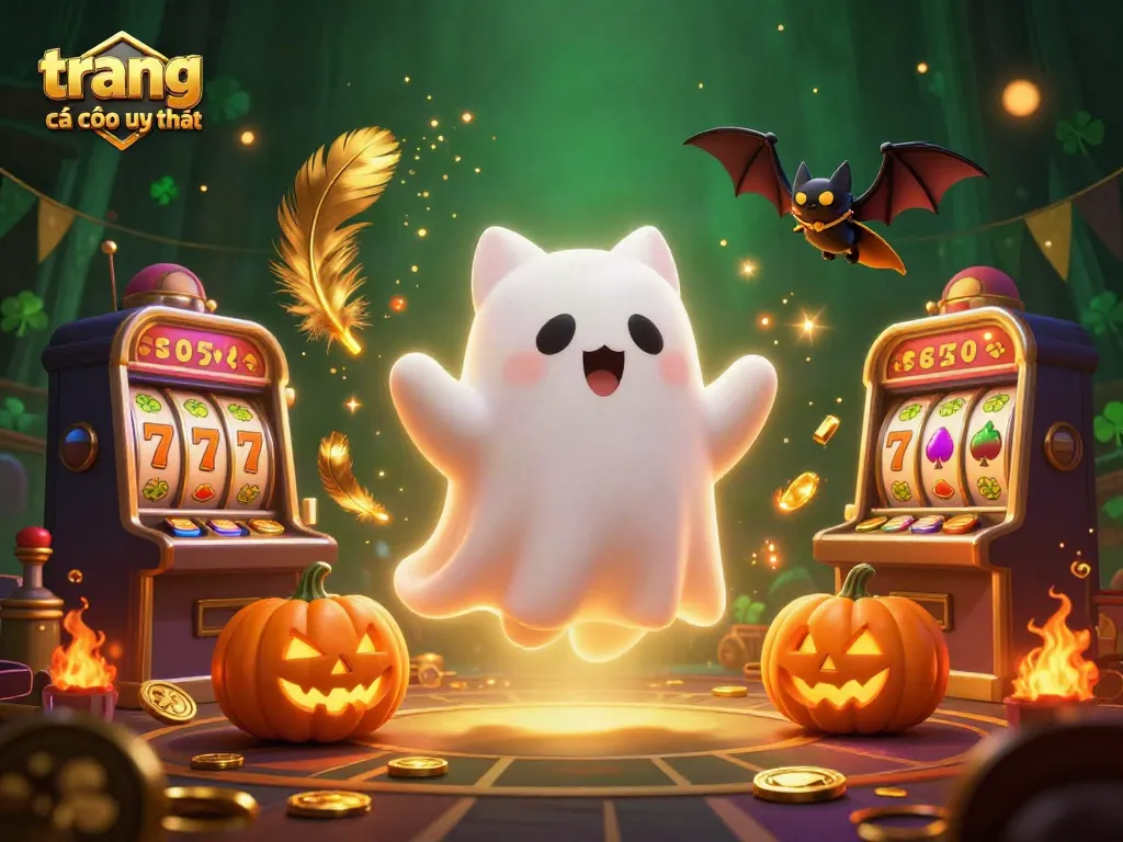 Experience the thrill of trang cá cược uy tín with a ghost cat and vampire bat in an exciting casino scene.