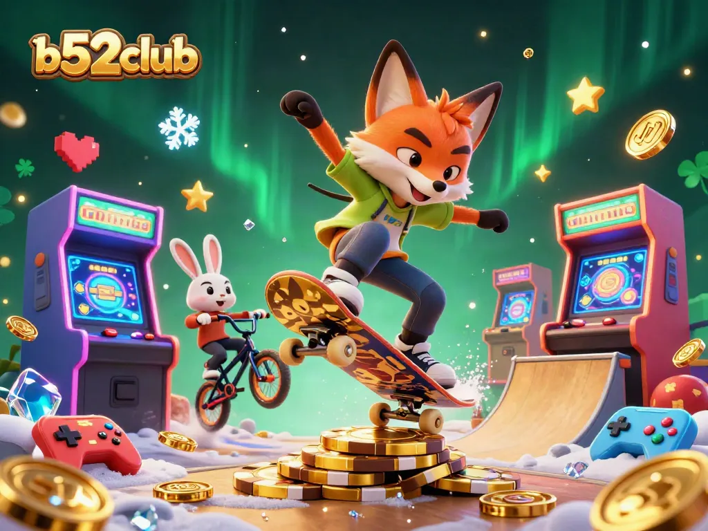 Engage in thrilling gaming action at b52club with a 3D fox doing tricks over golden poker chips.