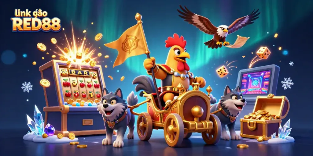 Engage in excitement with link vào RED88 as the rooster warlord leads a vibrant casino adventure.