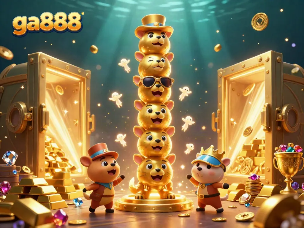 Experience the vibrant energy of ga888 with a lively 3D cartoon scene featuring a golden totem pole surrounded by casino treasures.