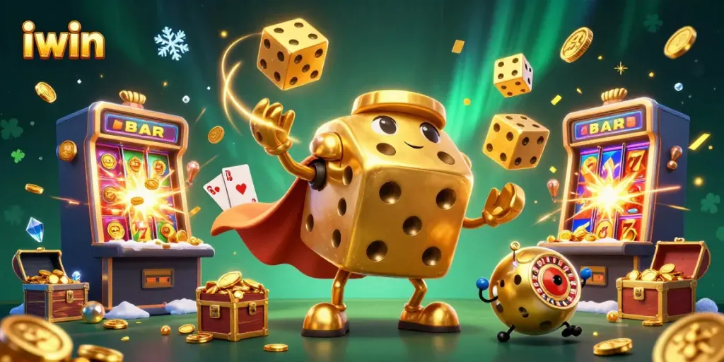 Engaging gaming illustration showing iwin golden dice golem and dynamic casino action.
