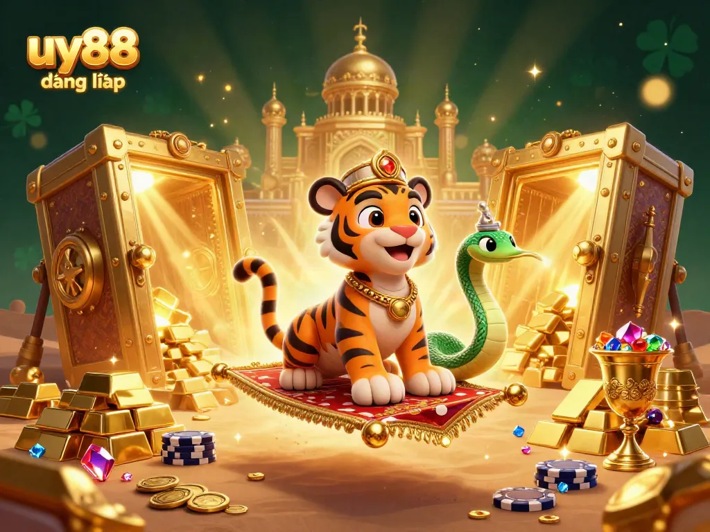 Spin for fortune at uy88 đăng nhập with a vibrant scene of casino treasures and a flying tiger sultan.