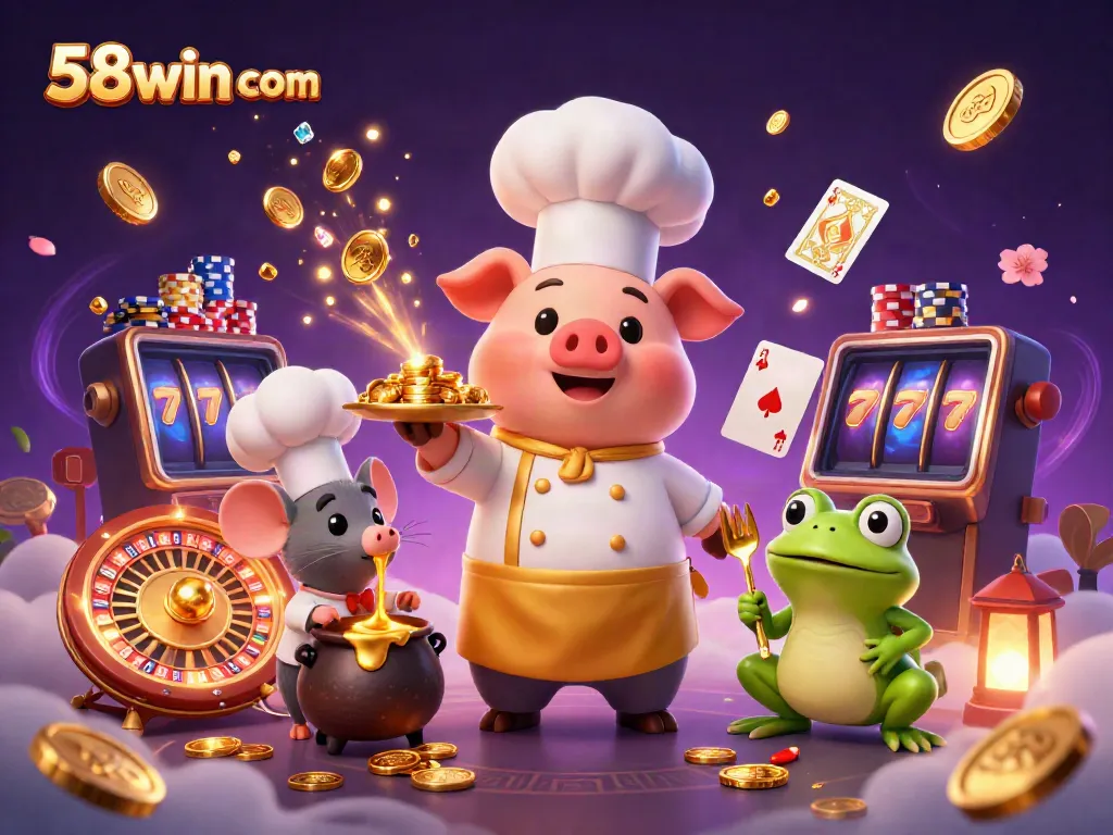 Experience excitement at 58win com with a vibrant 3D illustration showcasing a dynamic casino scene