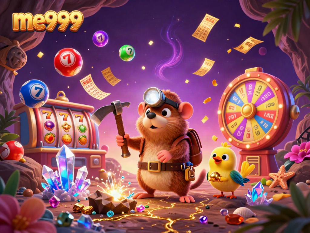 Experience thrilling gaming with me999 as a treasure hunter mole and canary delve into a casino adventure.