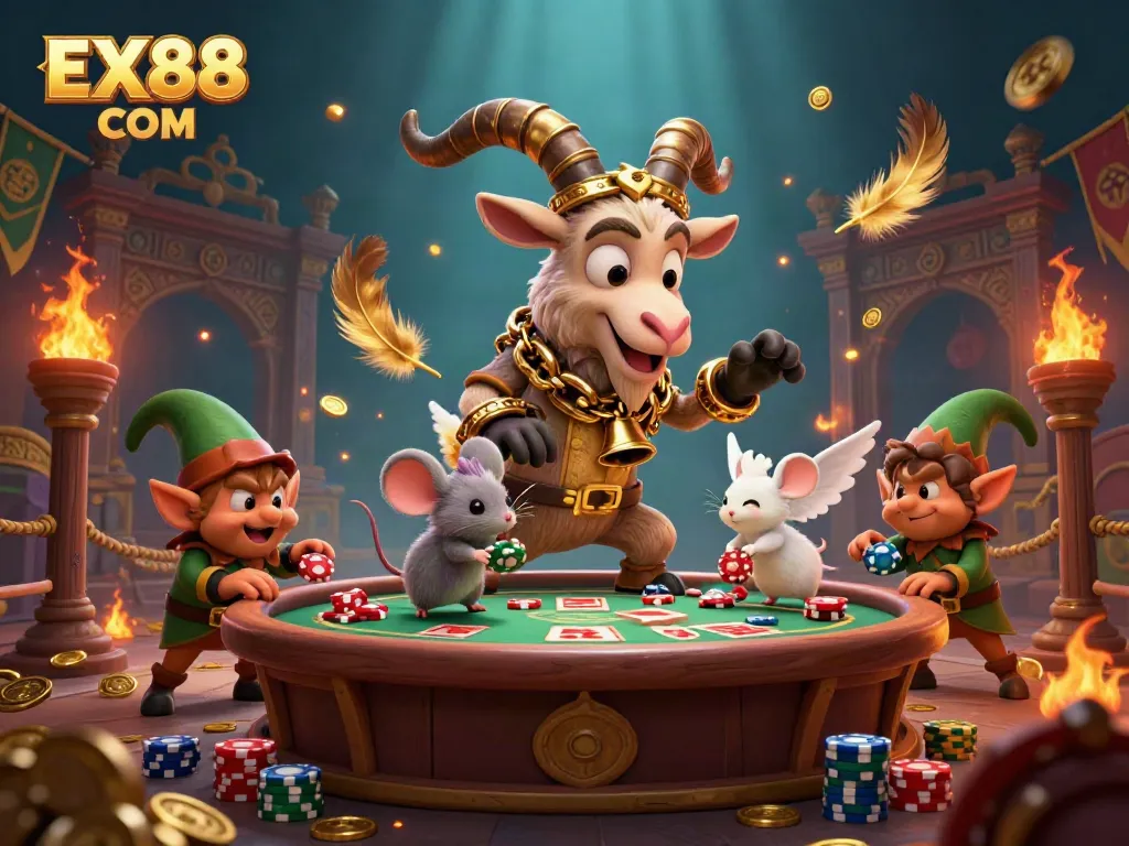 Experience festive thrills at EX88 COM with the mischievous Krampus goat managing a spooky holiday casino.