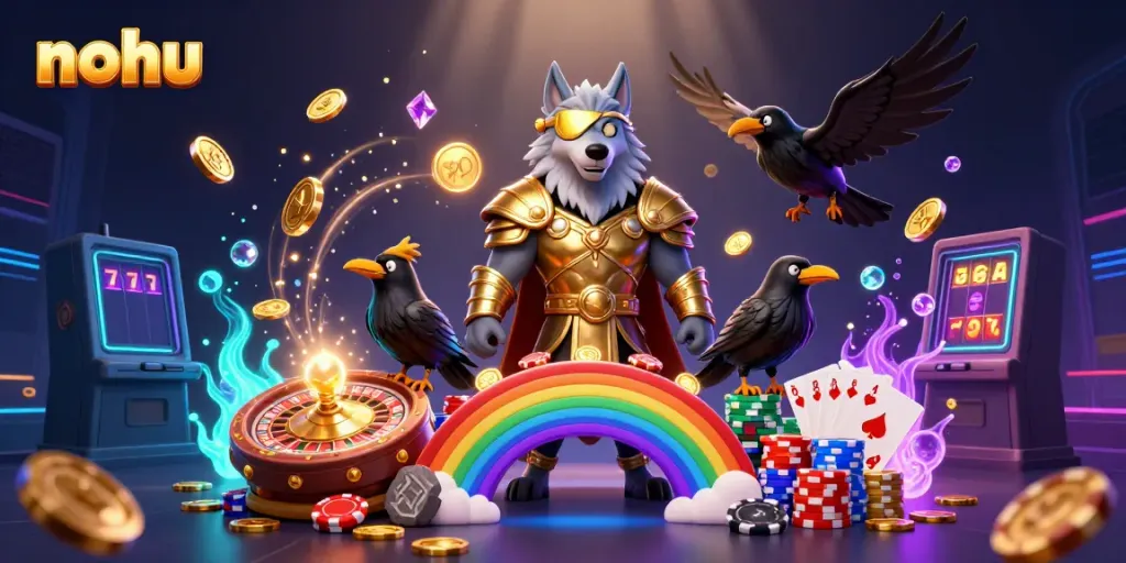 Nohu players spin jackpots, featuring Odin and two ravens with casino elements