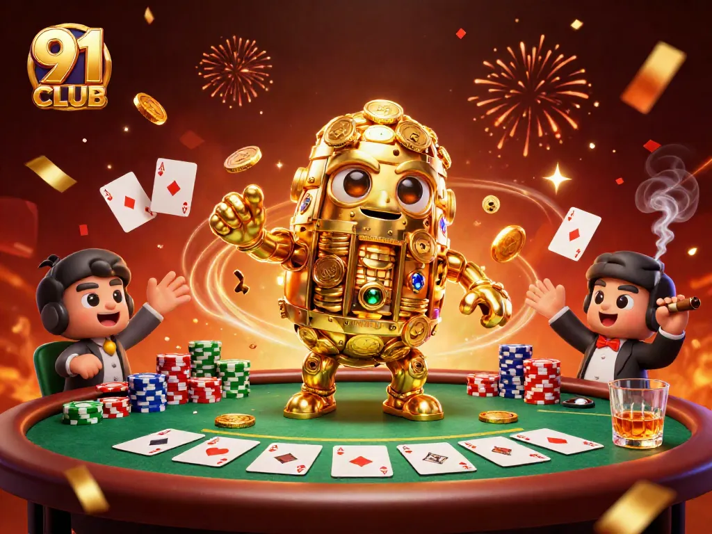 Engage with 91 CLUB's exciting casino games in a vibrant illustrated scene.
