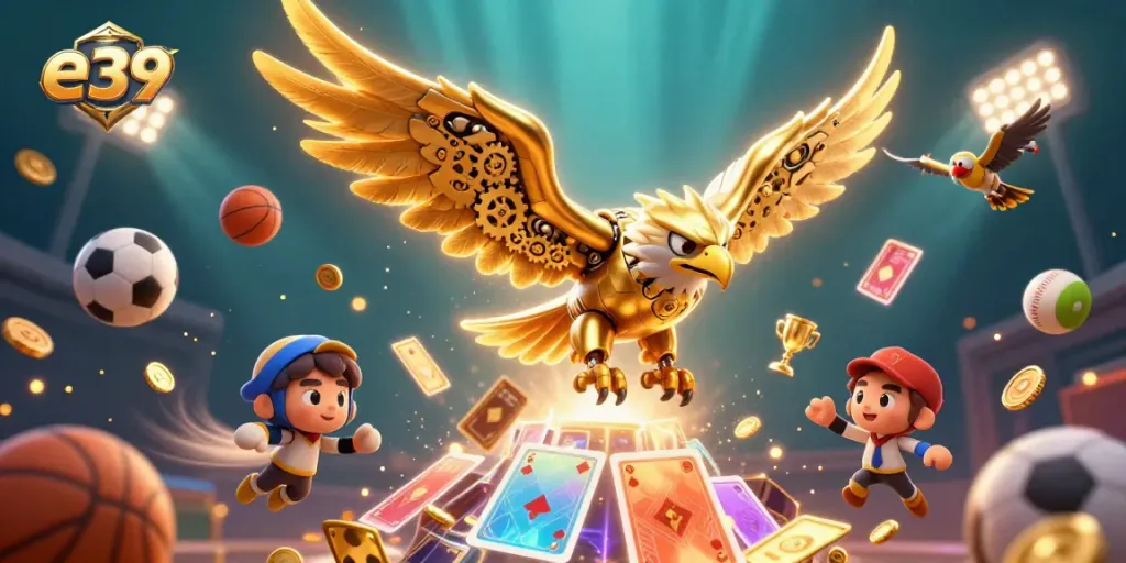 Experience the excitement of e39 with a dynamic casino scene filled with gold, sports elements, and an eagle.