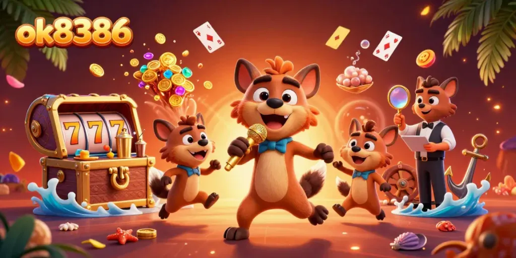 Experience thrilling gaming at ok8386 with hyenas entertaining in a vibrant casino scene.