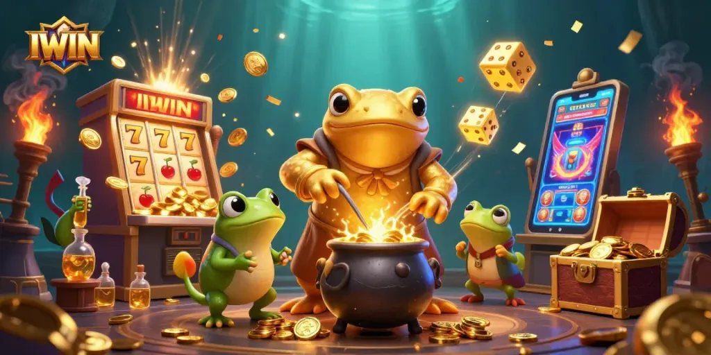 Spin the reels with IWIN in this vibrant casino scene, featuring golden coins and jackpot excitement.