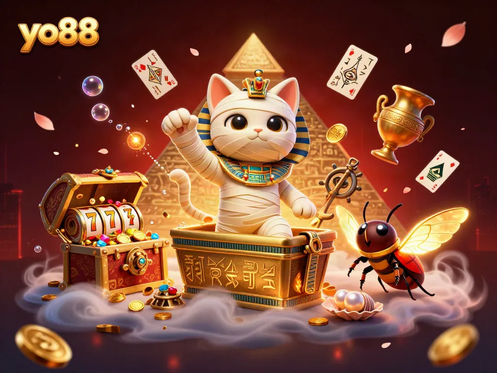 Experience thrilling moments at yo88 with a 3D cartoon mummy cat bursting from a golden sarcophagus.