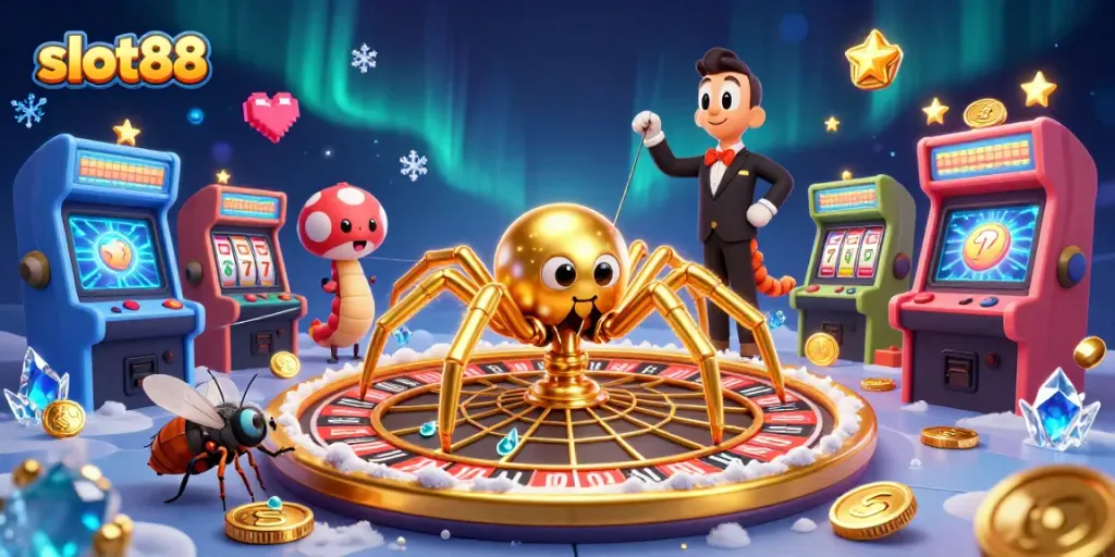 Menang besar di slot88 dengan ilustrasi kasino yang penuh warna dan karakter menarik.