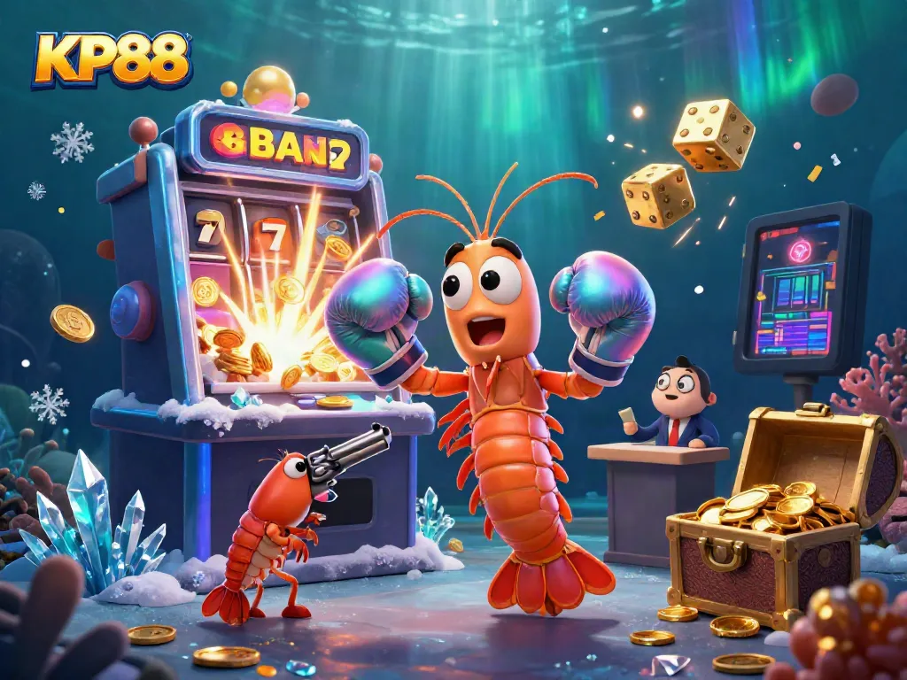 Experience excitement at KP88 with a vibrant scene of a mantis shrimp and friends in a casino-themed underwater world.