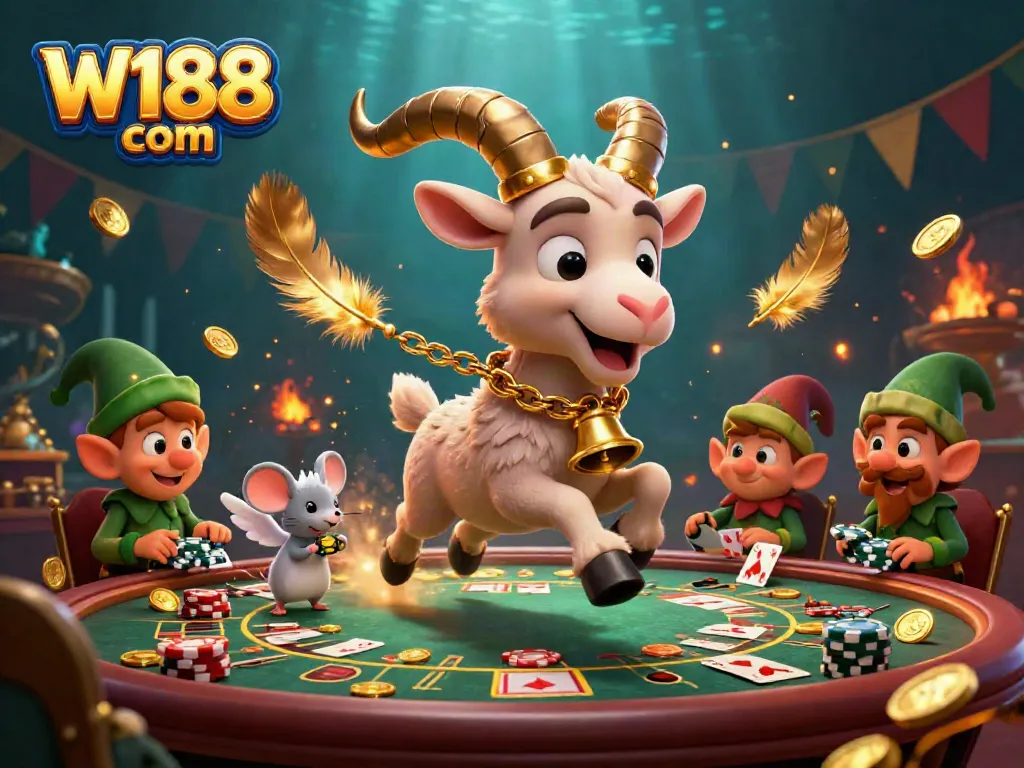 W188 com adds excitement with a festive Krampus goat in a live casino scene surrounded by playful elf gremlins.