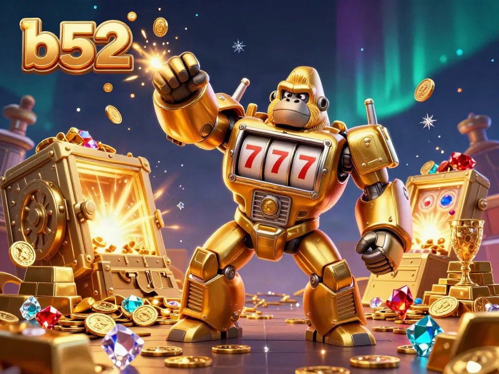 Engage with b52's casino excitement featuring a golden mech with coins in a vibrant jackpot scene.