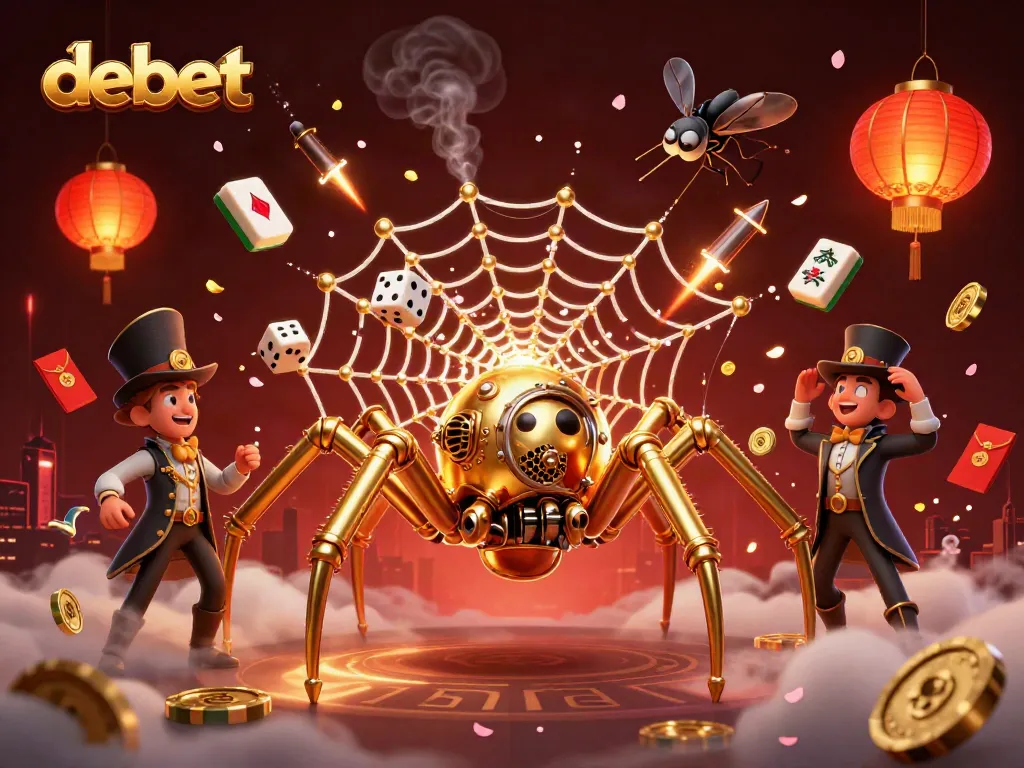 Engage with debet by spinning luck at the casino, featuring a steampunk spider web of golden chains and poker chips.