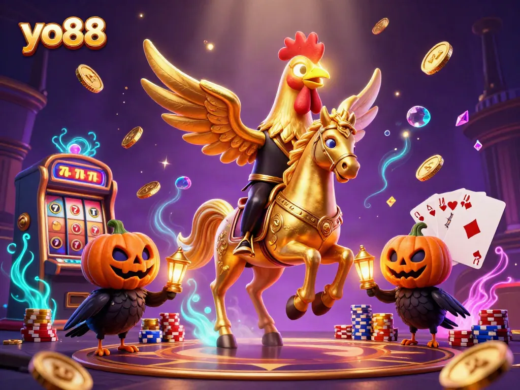 Experience thrilling gameplay at yo88 with golden chickens, spectacular winnings, and vibrant casino settings.
