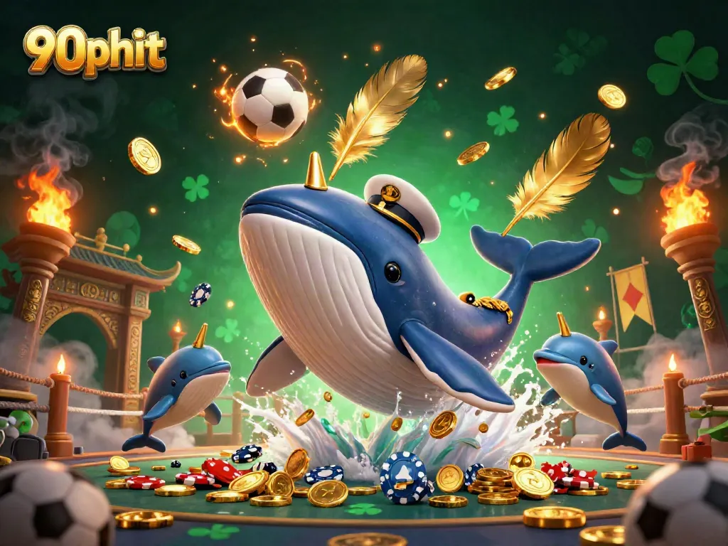 Engage with 90phut in an exciting scene featuring a mighty whale and dolphins amidst sports betting elements.