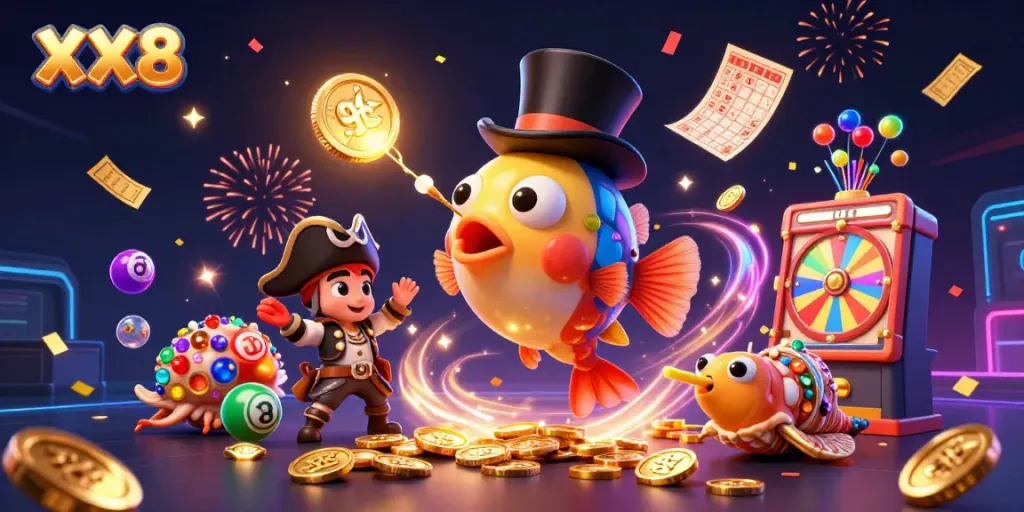 Experience the excitement of XX8 with a dynamic scene featuring a glowing anglerfish and vibrant lottery elements.