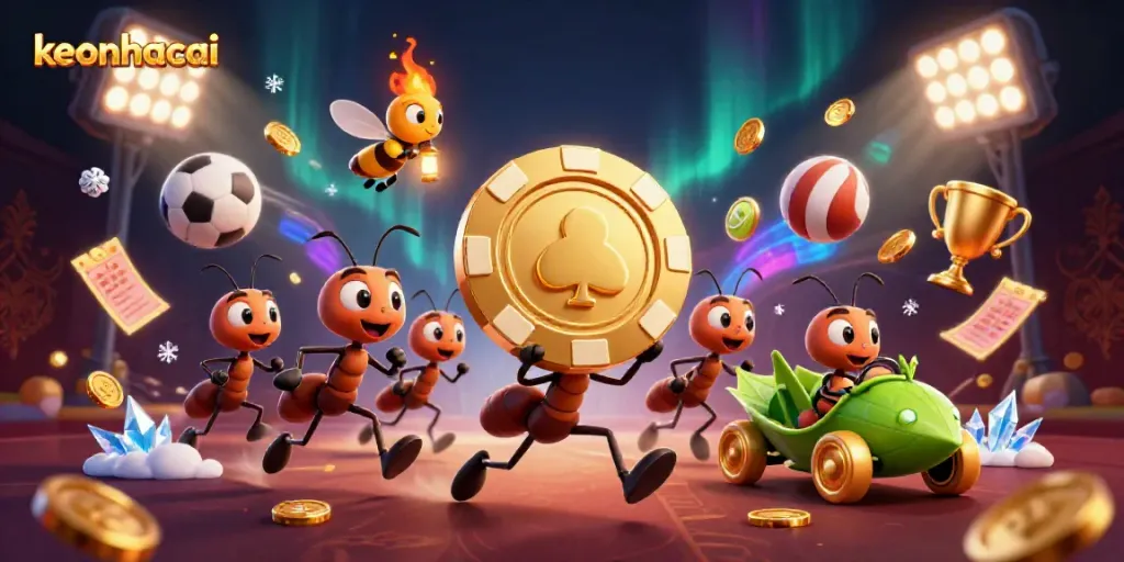 Experience the thrill of keonhacai as ants execute a heist with a giant poker chip amidst dynamic betting elements.