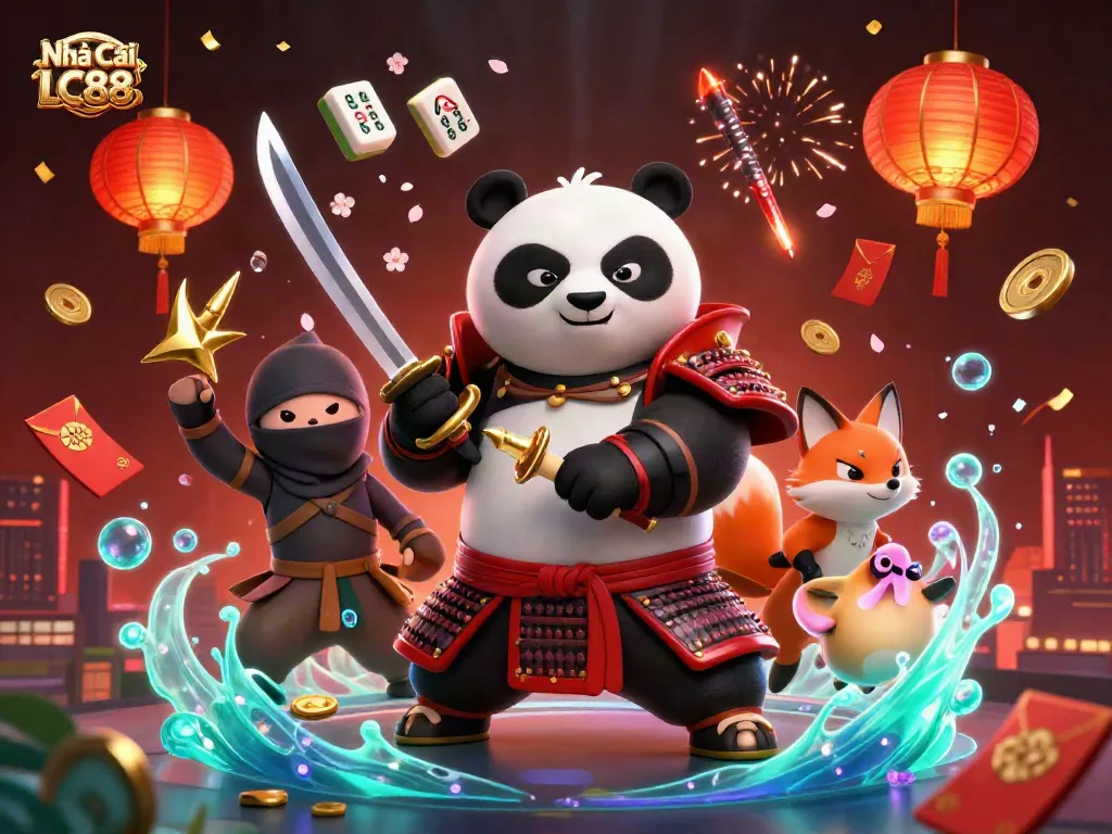 Engage with the rich atmosphere of Nhà Cái LC88 depicted in a vibrant 3D casino scene featuring samurai panda, ninja fox, and magical tanuki.