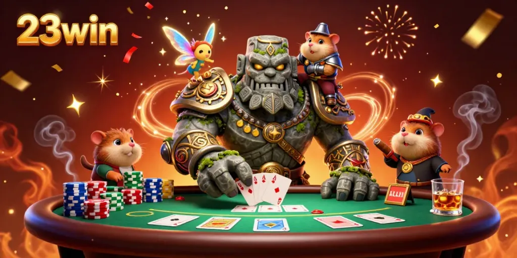 Engage in thrilling poker action with 23win, featuring a magical golem and fairy in a vibrant casino scene.