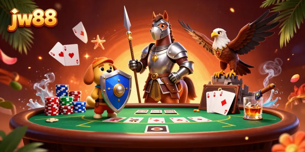 Experience exciting gameplay at jw88 with a vibrant casino scene featuring knights and poker elements.