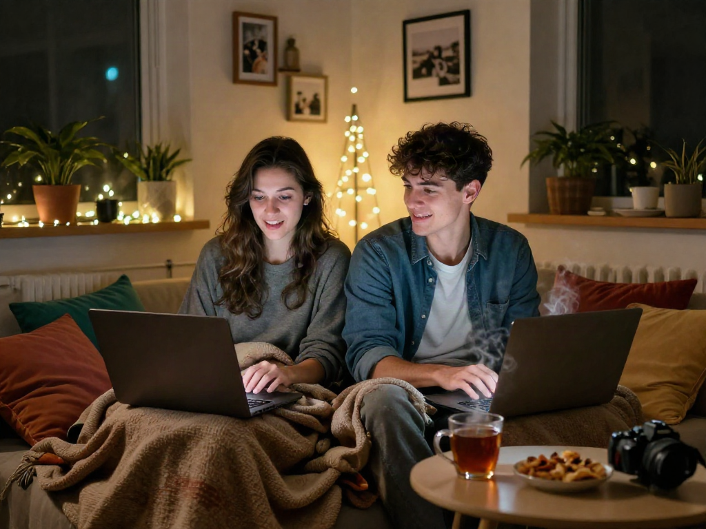 Couple enjoying an nsfw chat in a cozy, warmly lit room with laptops and snacks.