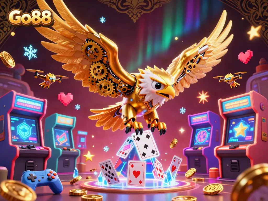 Experience excitement with Go88 in a vibrant 3D casino scene full of engaging game elements.