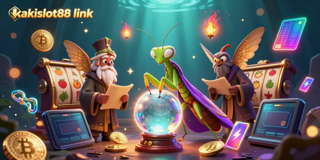 Menang jackpot dengan kakislot88 link, simbol slot, dan karakter mistis.
