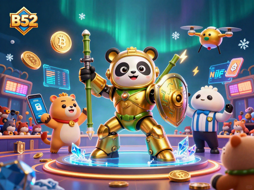 B52 players enjoy vibrant casino action in an ultra-detailed 3D illustration with golden panda and exciting game elements.