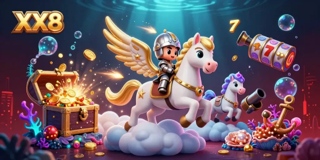 Experience the excitement of XX8's online casino with a magical 3D scene featuring a knight and a celestial horse.