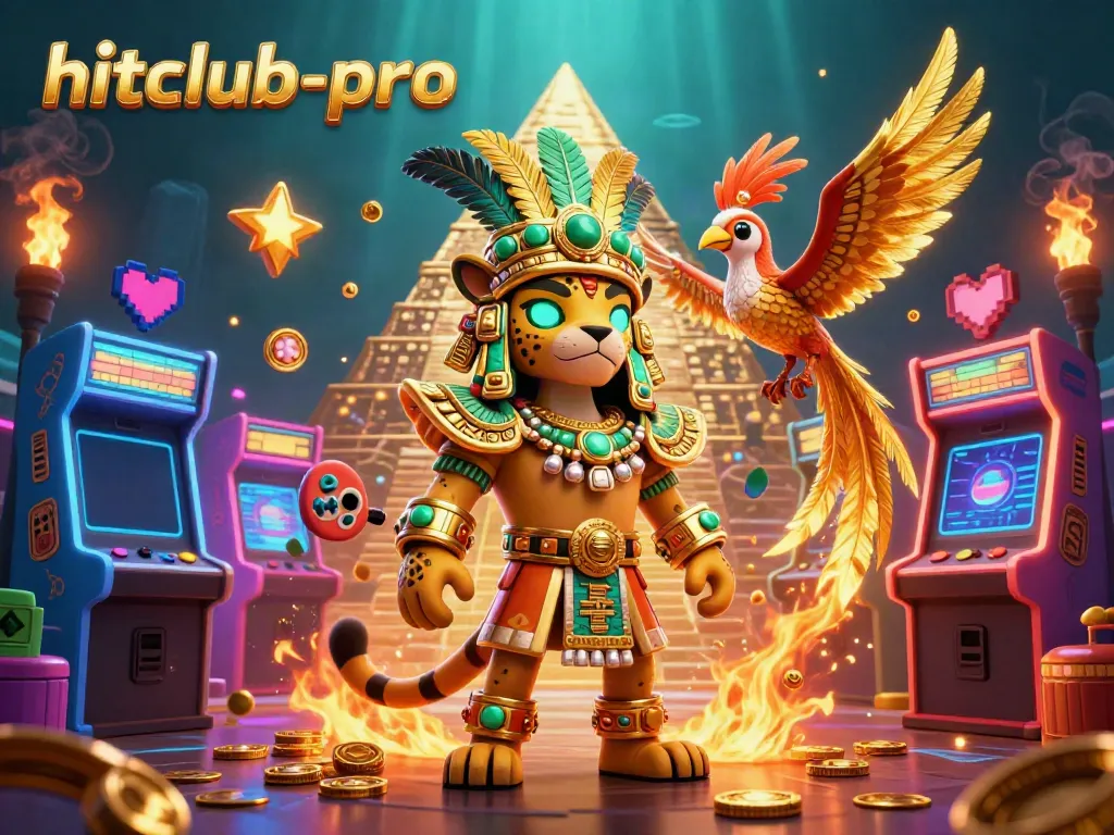 Engage with hitclub-pro's vibrant 3D gaming illustration featuring a Maya priest and arcade elements.
