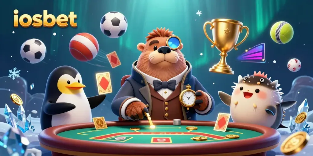 Permainan iosbet di bawah laut dengan walrus, dealer penguin, dan ikan puffer pemain poker yang sedang melakukan bluff.
